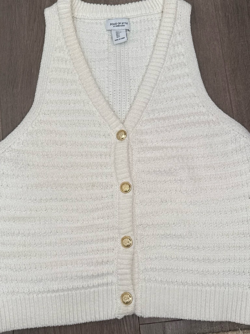 Song of Style Cream Knit V-Neck Button Vest with Gold Buttons